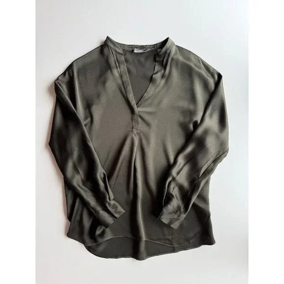 VINCE Olive Green Silk Charmeuse Split Neck Relaxed Tunic Blouse, Size S - Picture 8 of 15